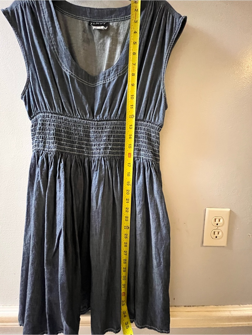 VENUS Slate Gray Denim Look Sleeveless Smocked-Waist Mini Dress - Picture 9 of 12